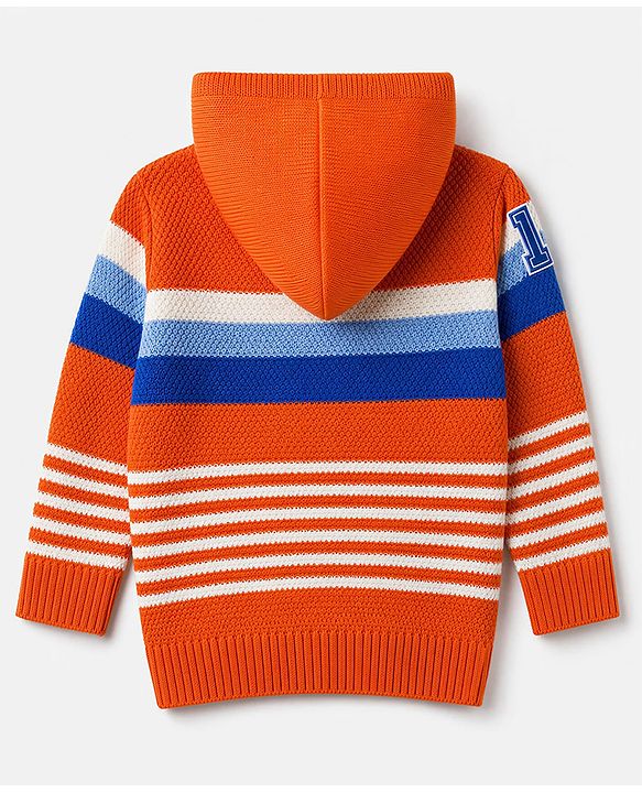 Babyhug Knit Full Sleeves Hooded Striped Sweater With Kangaroo Pockets - Orange