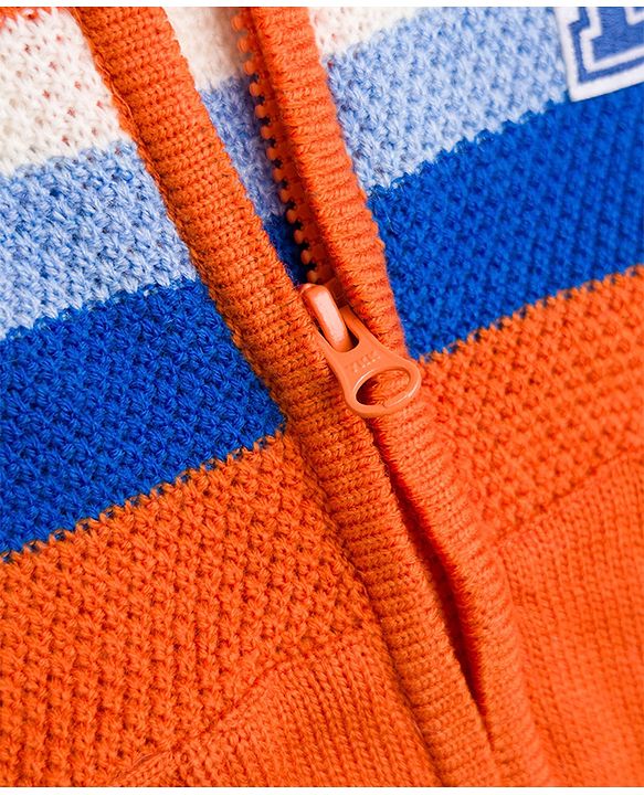 Babyhug Knit Full Sleeves Hooded Striped Sweater With Kangaroo Pockets - Orange