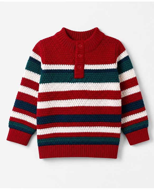 Babyhug Knit Full Sleeves Pullover with Striped Design - Red