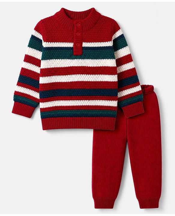 Babyhug Knit Full Sleeves Pullover with Striped Design - Red