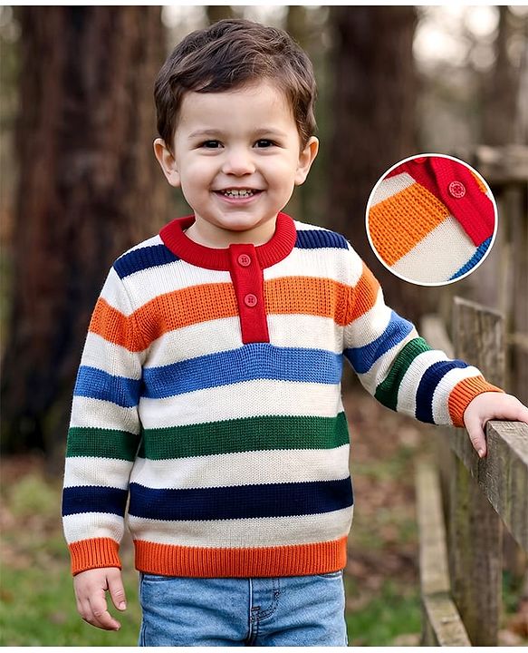 Babyhug Knit Full Sleeves Striped Pullover Sweater - Red