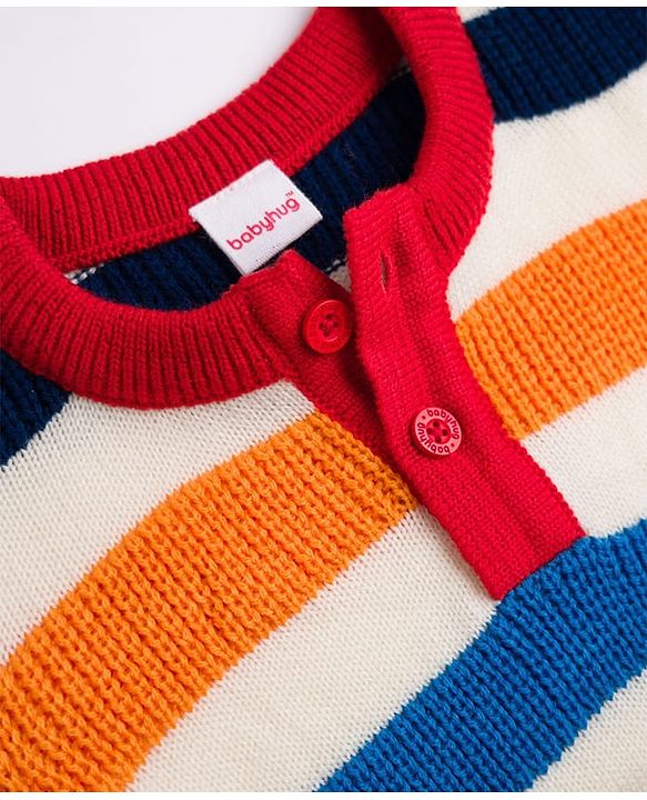 Babyhug Knit Full Sleeves Striped Pullover Sweater - Red