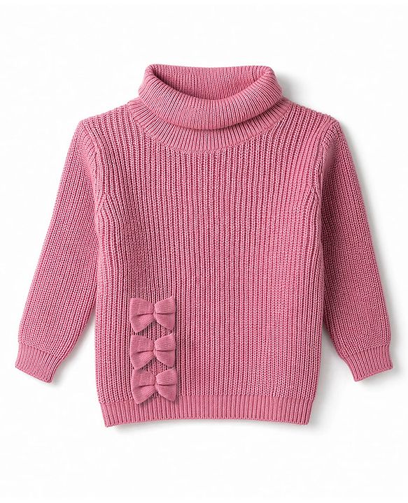 Babyhug Knit Full Sleeves Solid Colour Winter Wear Suit Set with Bow Applique - Pink