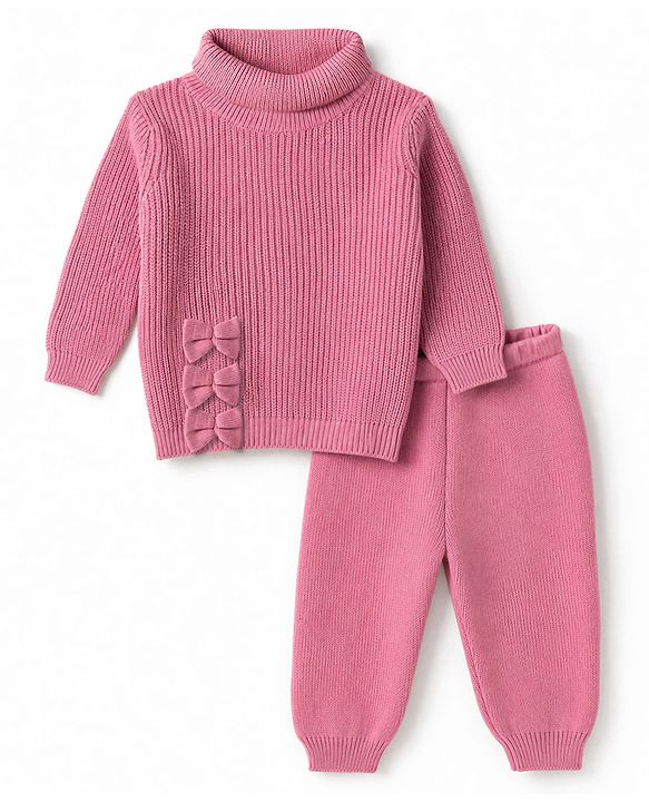 Babyhug Knit Full Sleeves Solid Colour Winter Wear Suit Set with Bow Applique - Pink