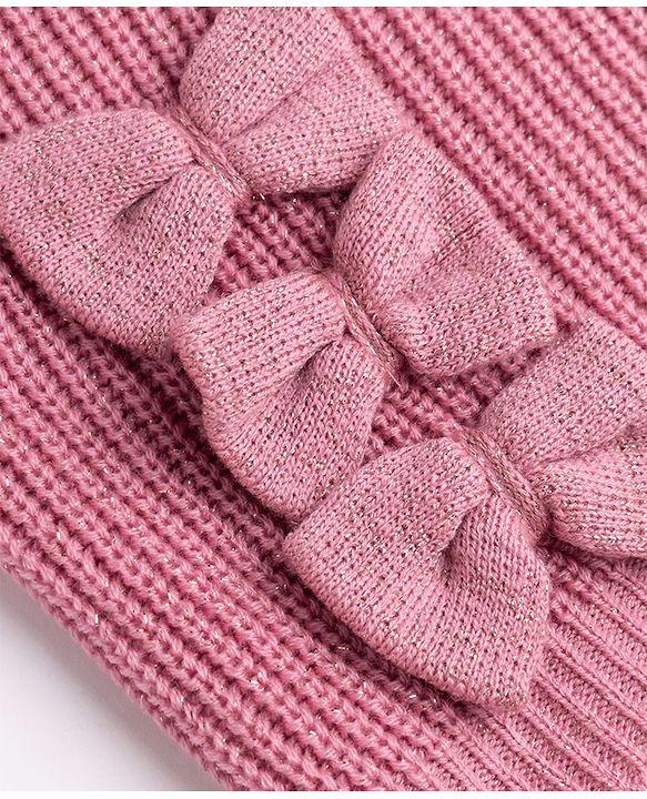 Babyhug Knit Full Sleeves Solid Colour Winter Wear Suit Set with Bow Applique - Pink