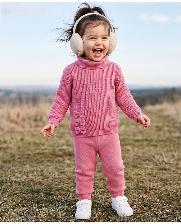 Babyhug Knit Full Sleeves Solid Colour Winter Wear Suit Set with Bow Applique - Pink