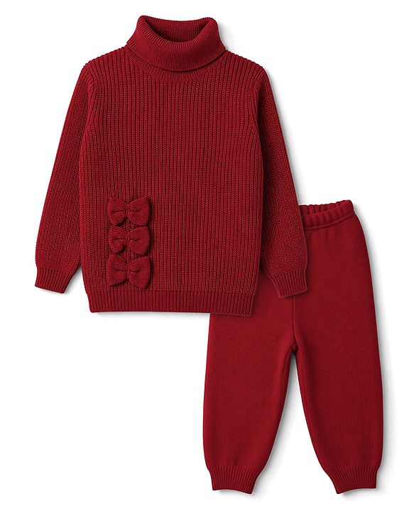Babyhug Knit Full Sleeves Winter Wear Sets with Bow Applique - Red