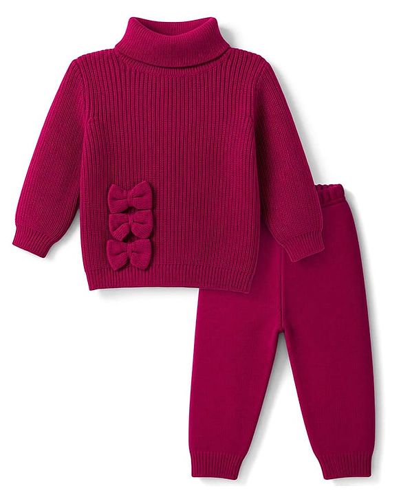 Babyhug Knit Full Sleeves Skivi Ribbed Winter Wear Top & Jogger Set Bow Applique - Fuschia