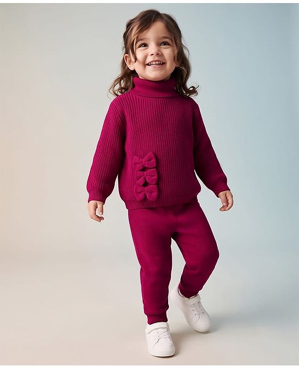 Babyhug Knit Full Sleeves Skivi Ribbed Winter Wear Top & Jogger Set Bow Applique - Fuschia