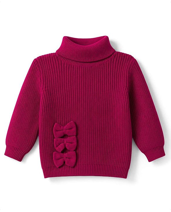 Babyhug Knit Full Sleeves Skivi Ribbed Winter Wear Top & Jogger Set Bow Applique - Fuschia