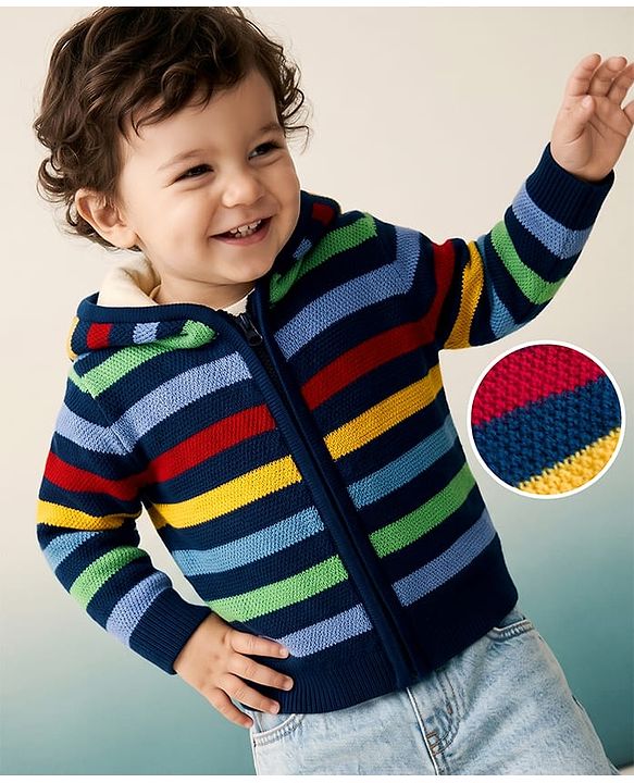 Babyhug Knit Full Sleeves Hooded sweaters with Striped Design - Black