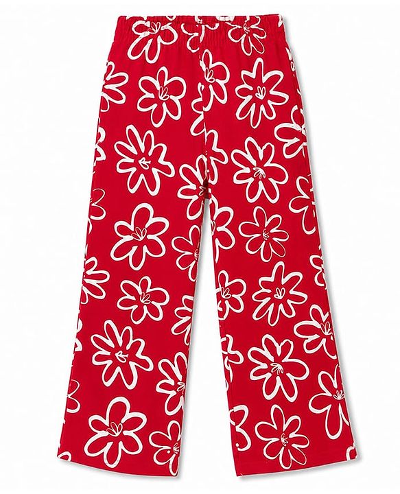 Pine Kids Knit Full Length  Track Pant with Floral Prints -  Red