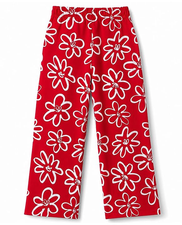 Pine Kids Knit Full Length  Track Pant with Floral Prints -  Red