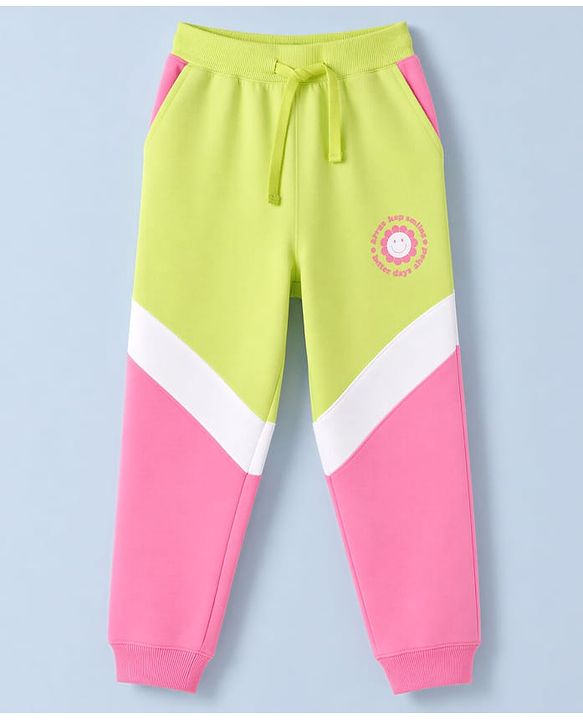 Pine Kids Cotton Knit Full Length Lounge & Track Pant With Text Print - Limegreen