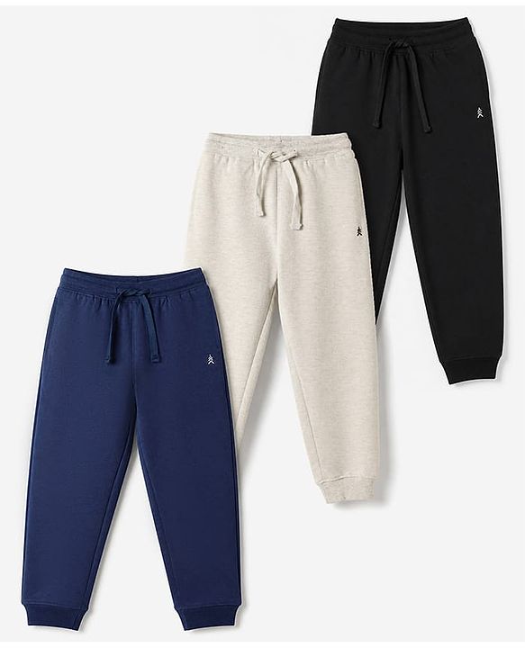 Pine Kids Cotton Knit Full Length Jogger Fit Solid Lounge Pant with Drawstring Pack of 3 in Black Grey Navy Blue