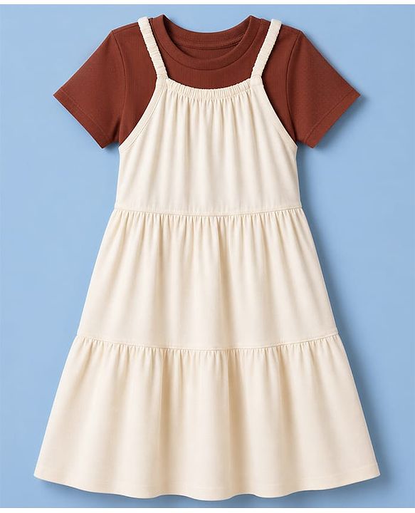 Pine Kids Cotton Knit Frock With Inner Tee with Short Sleeves - Beige