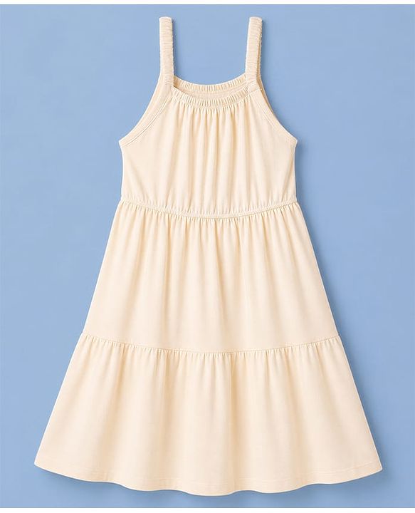 Pine Kids Cotton Knit Frock With Inner Tee with Short Sleeves - Beige