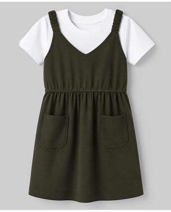 Pine Kids Cotton Knit Half Sleeves Frock with Inner Tee & Cute Text Print - Olive Green