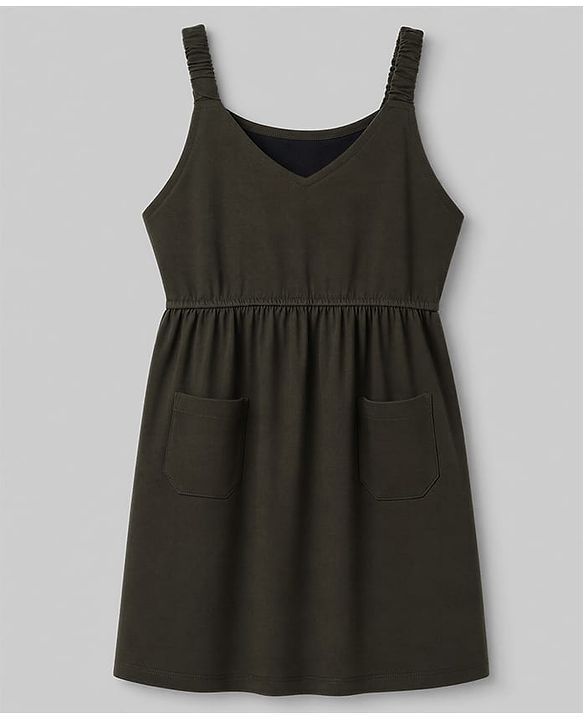 Pine Kids Cotton Knit Half Sleeves Frock with Inner Tee & Cute Text Print - Olive Green