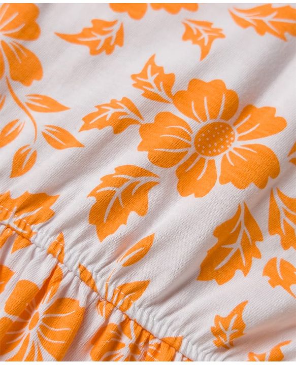 Pine Kids Cotton Knit Half Sleeves Floral Printed Frock with Inner Tee- Orange