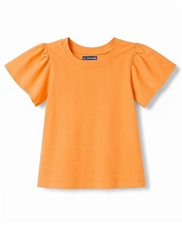 Pine Kids Cotton Knit Half Sleeves Floral Printed Frock with Inner Tee- Orange