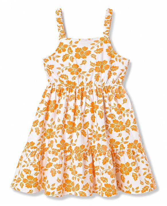 Pine Kids Cotton Knit Half Sleeves Floral Printed Frock with Inner Tee- Orange