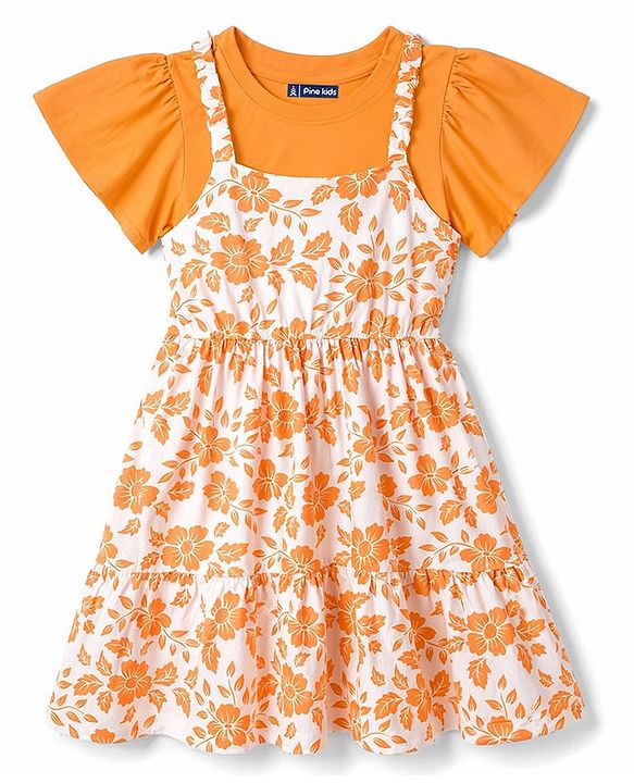 Pine Kids Cotton Knit Half Sleeves Floral Printed Frock with Inner Tee- Orange