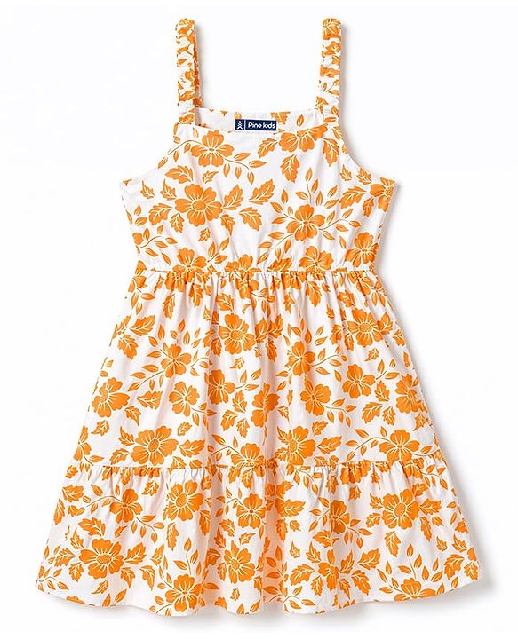 Pine Kids Cotton Knit Half Sleeves Floral Printed Frock with Inner Tee- Orange