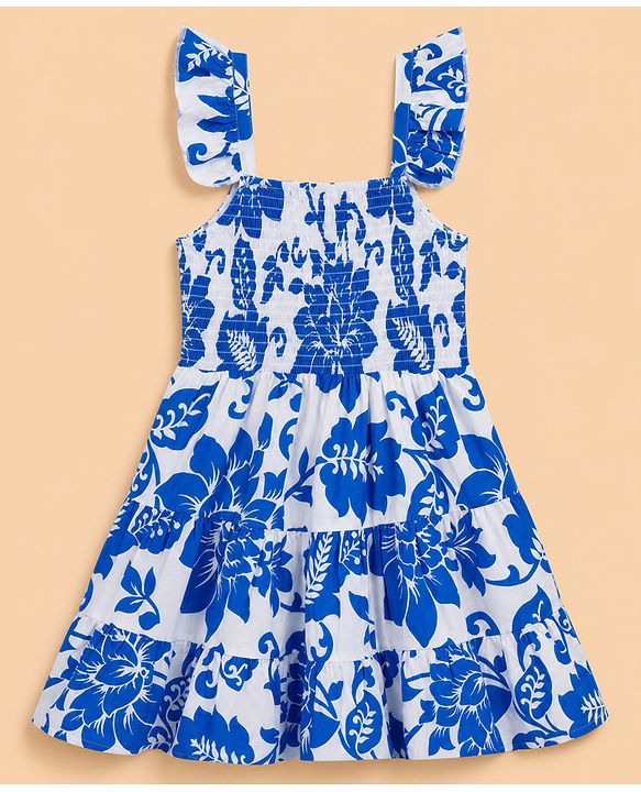 Pine Kids Poplin Woven Sleeveless Smocked Floral Printed Dress - White