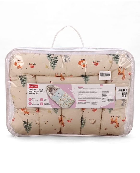 Babyhug Premium 100% Cotton Muslin Sleeping Bag - Woodland Print - Beige| Breathable Baby Sleep Sack| Hooded Swaddle Wrap| Easy Button Closure| Soft Lightweight| New Born Essential