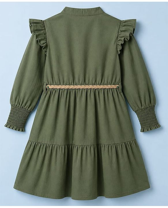 Pine Kids 100% Cotton Woven Full Sleeves Solid Tiered Shirt Dress With Belt - Olive Green