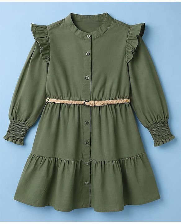 Pine Kids 100% Cotton Woven Full Sleeves Solid Tiered Shirt Dress With Belt - Olive Green