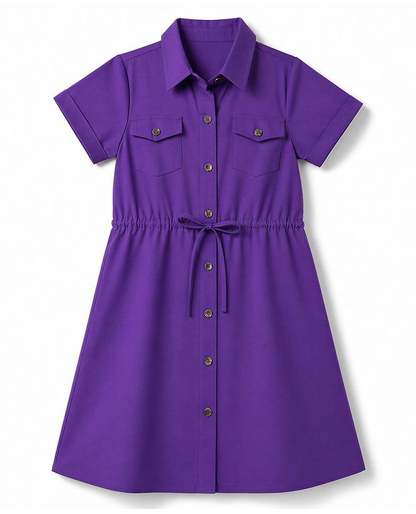 Pine Kids Twill Woven Solid Shirt Dress with Half Sleeves - Purple