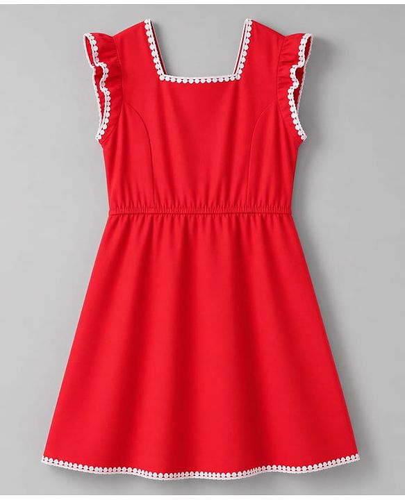 Pine Kids Cotton Woven Sleeveless Frock With Lace Detailing - Red