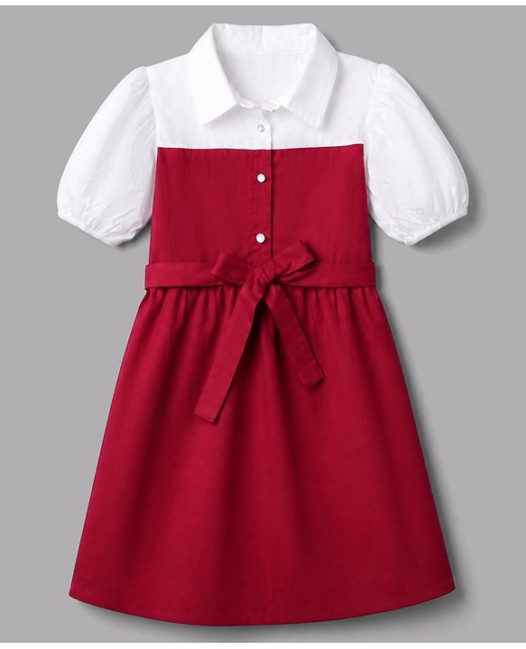 Pine Kids 100% Cotton Woven Half Puffed Sleeves Solid Frock - Red