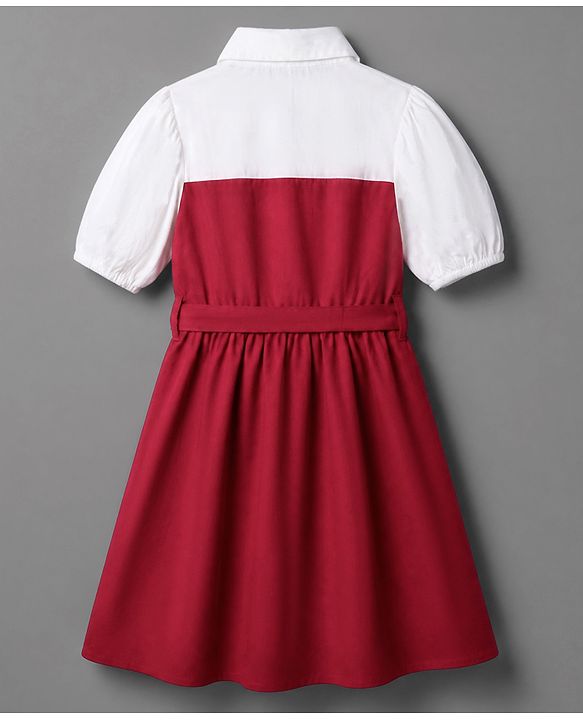 Pine Kids 100% Cotton Woven Half Puffed Sleeves Solid Frock - Red