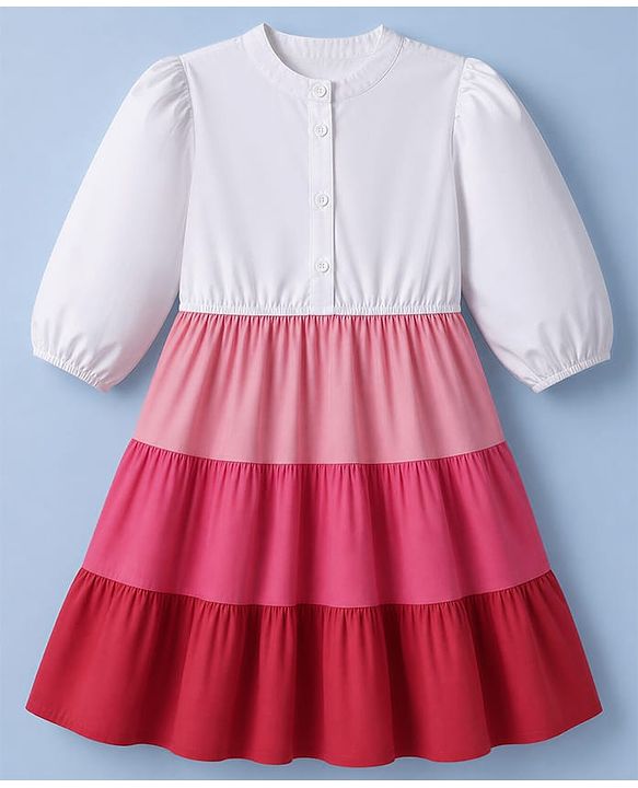 Pine Kids Cotton Woven One Piece Dress with Full Sleeves - White