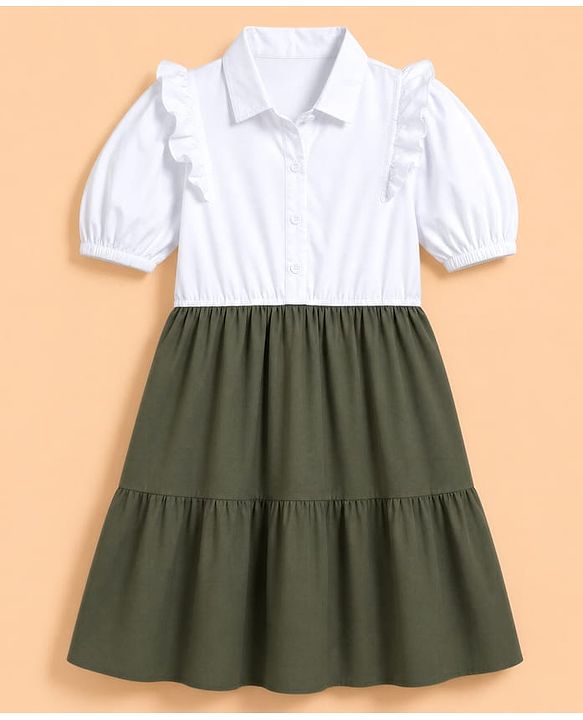 Pine Kids Cotton Woven One Piece Dress with Short Sleeves and Puffed Sleeves in White for 4-5 Years
