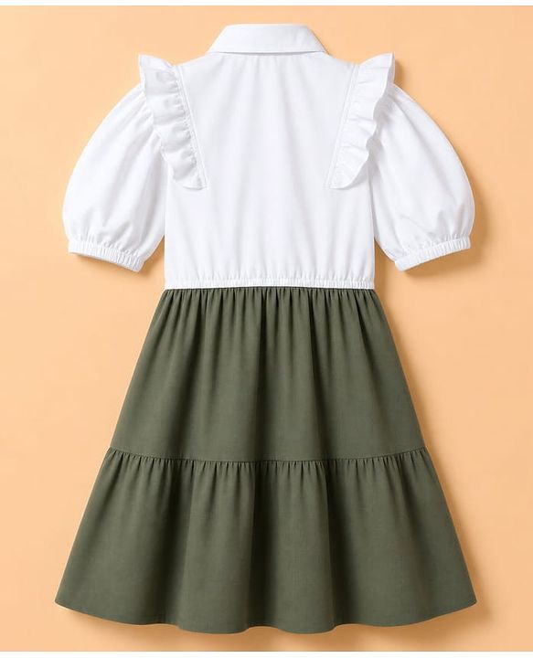 Pine Kids Cotton Woven One Piece Dress with Short Sleeves and Puffed Sleeves in White for 4-5 Years