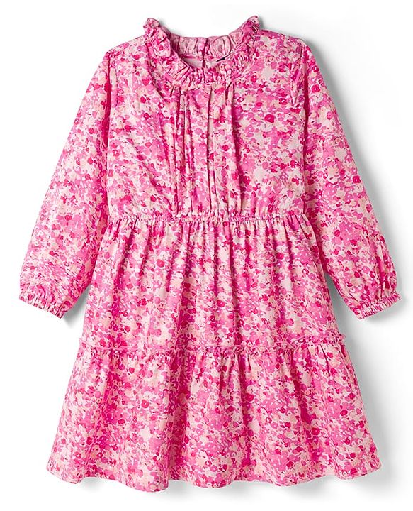 Pine Kids Woven Full Puffed Sleeves Floral Printed Tiered Frock - Pink