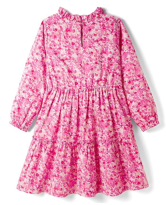 Pine Kids Woven Full Puffed Sleeves Floral Printed Tiered Frock - Pink