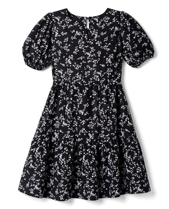 Pine Kids Cotton Woven One Piece Dress with Short Sleeves and Floral Print - Black