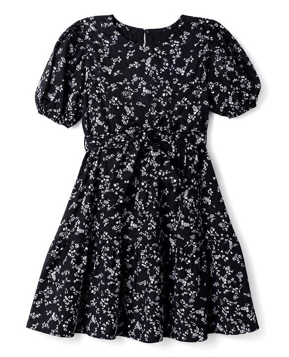 Pine Kids Cotton Woven One Piece Dress with Short Sleeves and Floral Print - Black