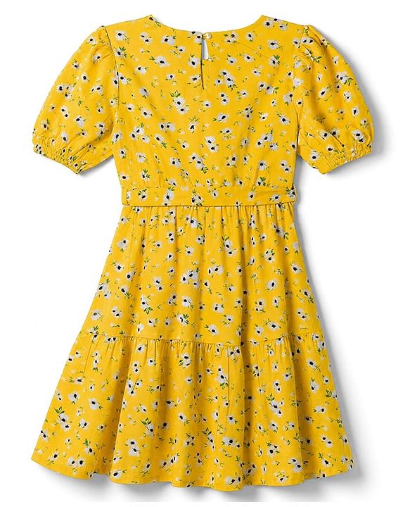 Pine Kids Rayon Woven Half  Puffed Sleeves Floral Printed Tiered Dress with Belt  - Yellow