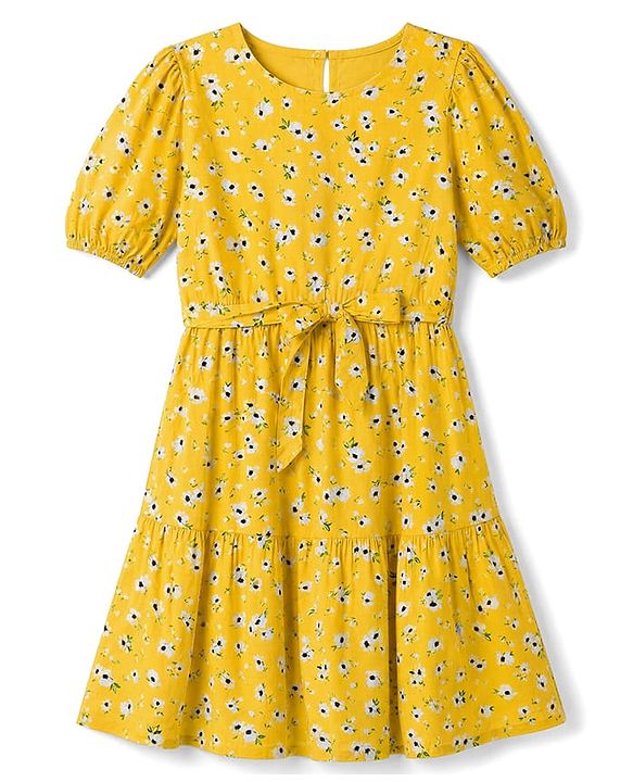 Pine Kids Rayon Woven Half  Puffed Sleeves Floral Printed Tiered Dress with Belt  - Yellow