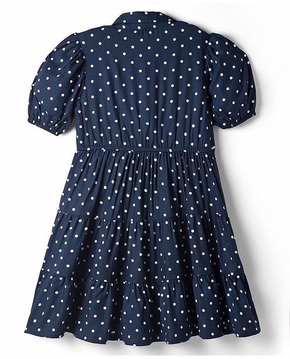 Pine Kids Cotton Woven Half Sleeves Frock With Polka Dot -Navy Blue