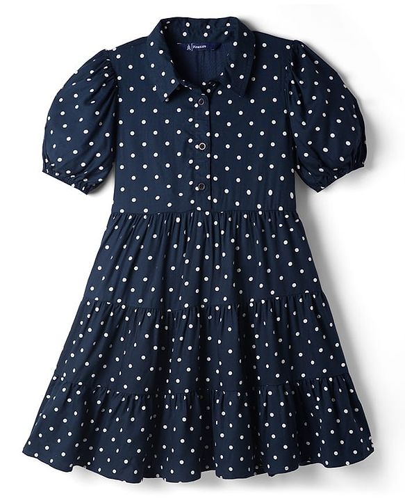 Pine Kids Cotton Woven Half Sleeves Frock With Polka Dot -Navy Blue
