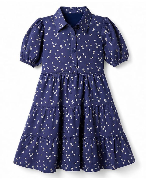 Pine Kids Woven Half Sleeves Tiered Frock with Floral Print - Navy Blue