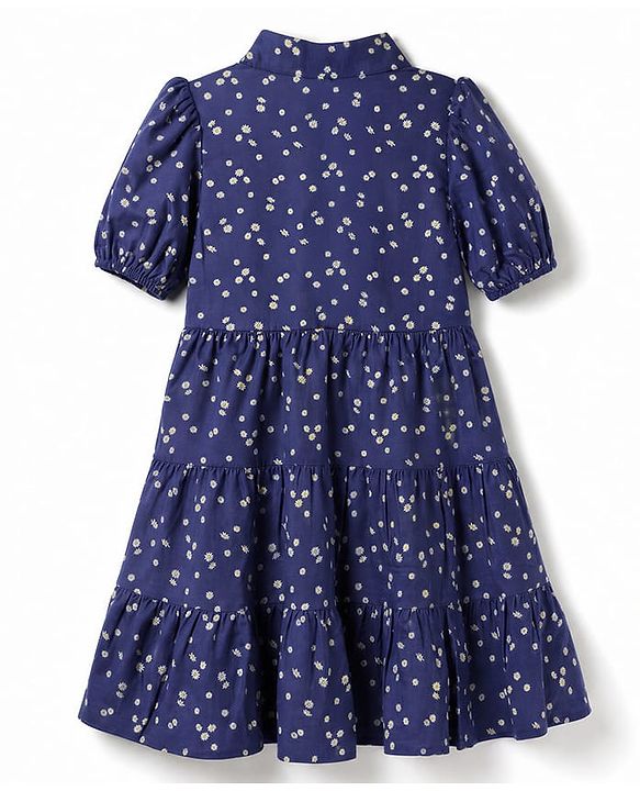 Pine Kids Woven Half Sleeves Tiered Frock with Floral Print - Navy Blue