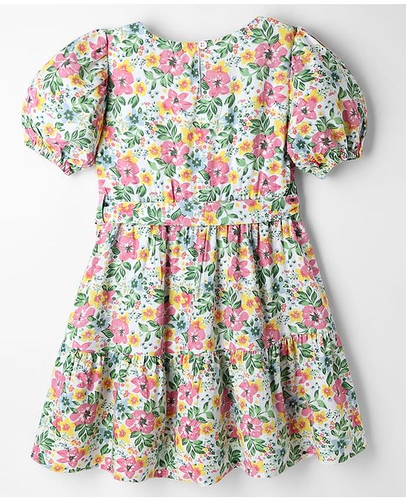 Pine Kids Woven Half Sleeves Floral Printed Frock - White